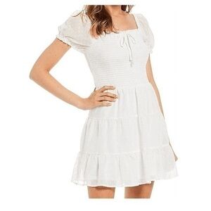 Crystal Doll IVORY/GOLD Girls' Juniors Smocked Fit & Flare Mini Dress